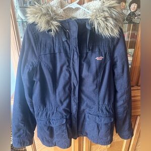 Navy Blue Jacket with Faux Fur Hood